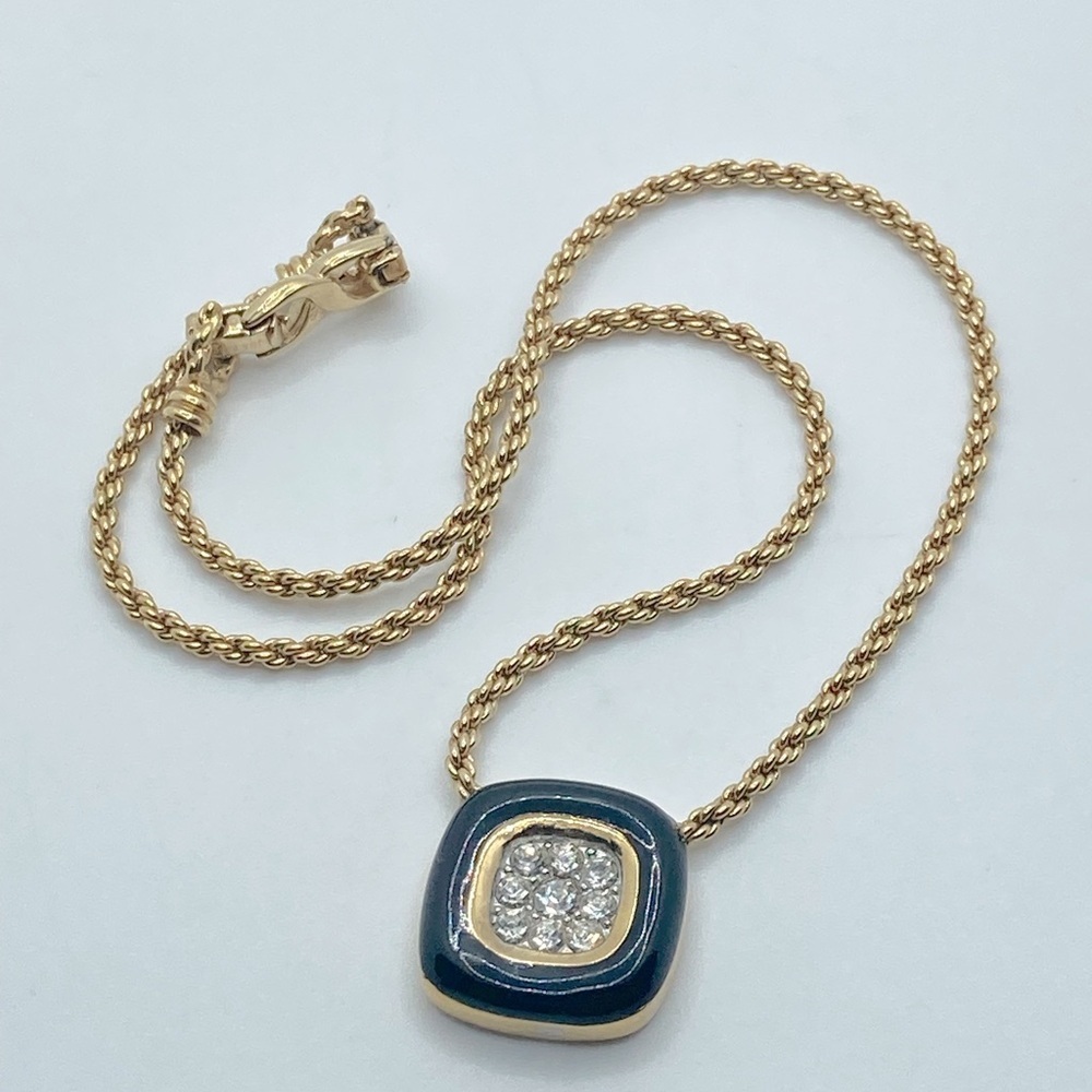 𝅺vtg Nina Ricci Black Enamel Rhinestone Square Pendant Gold Tone Necklace 17” - Picture 4 of 8